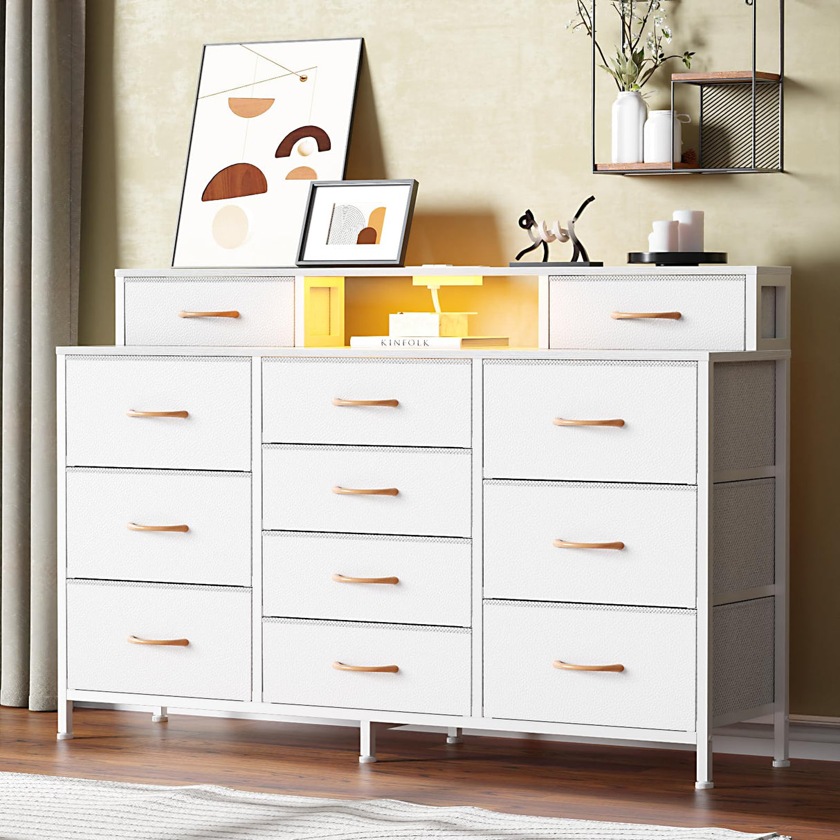 Furnulem White Dresser for Bedroom with LED Lights & Charging Station,55" Long Dressers & Chest of Drawers with 12 Storage Bins, Fabric Furniture for Closet,Hallway,2-Tier Shelf Wood Top,Metal Frame Furnulem
