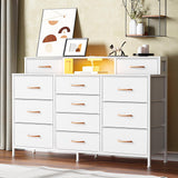 Furnulem White Dresser for Bedroom with LED Lights & Charging Station,55" Long Dressers & Chest of Drawers with 12 Storage Bins, Fabric Furniture for Closet,Hallway,2-Tier Shelf Wood Top,Metal Frame Furnulem