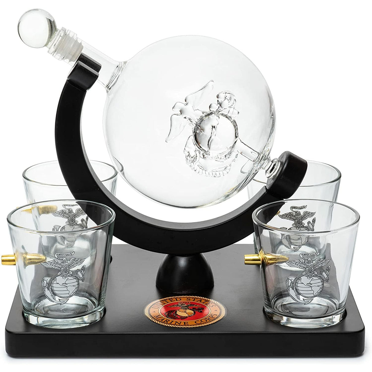 U.S. Marine Globe Whiskey Decanter Set with 4 Liquor Glasses - Marine Veteran Gift Set with Mahogany Wood Base & Emblem - Gifts for Men, U.S.A Flag - Bourbon and Scotch Military Gifts for Dad (29 OZ) The Wine Savant