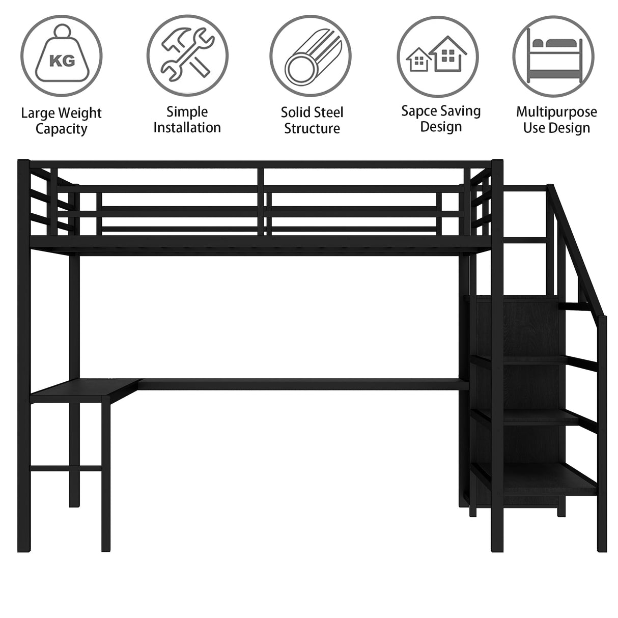 MoproBeti Queen Loft Bed with Stairs and Desk,Metal High Loft Bed with Wardrobe and Adjustable Shelf, Gaming Bed with LED and USB, Heavy Duty Frame,No Noise, Black MoproBeti