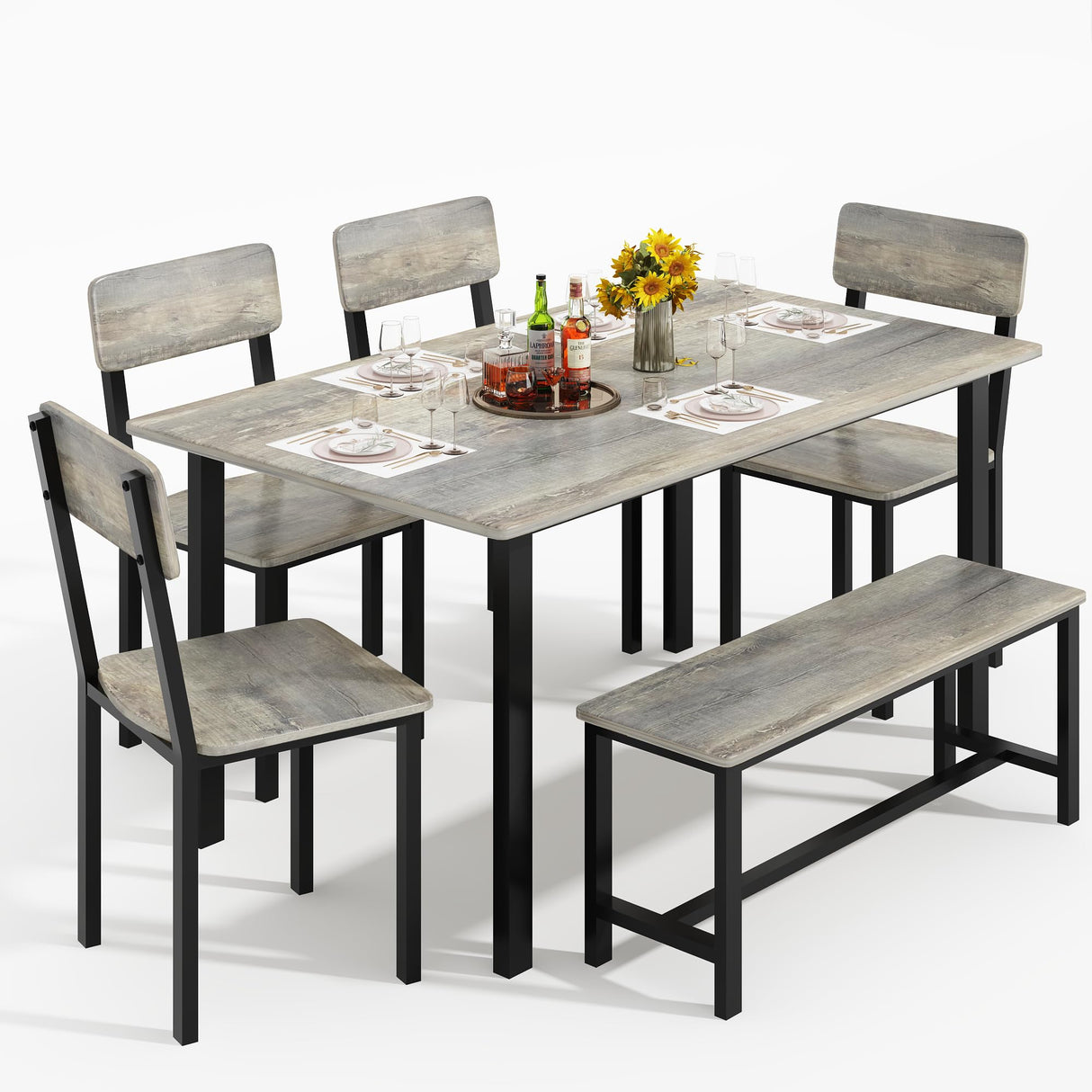 AWQM 6-Piece Dining Set, Modern Dining Table Set for 4-6,Kitchen Table Set with Chairs and Bench,Dining Room Table Set with Metal Frame & MDF Board, Table & Chairs Set for Small Space,Apartment,Grey AWQM