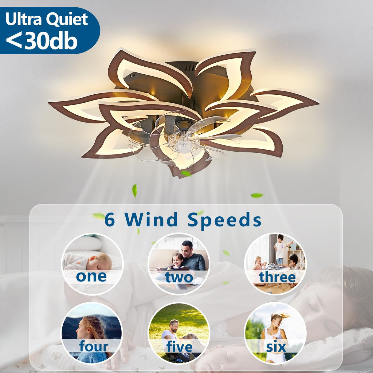 Dalouguan Modern Ceiling Fan with Lights Remote Control, 32" Wood Ceiling Fan with Light, 6 Speeds 3 Light Color Low Profile Flush Mount Ceiling Fan for Kitchen Bedroom Dalouguan