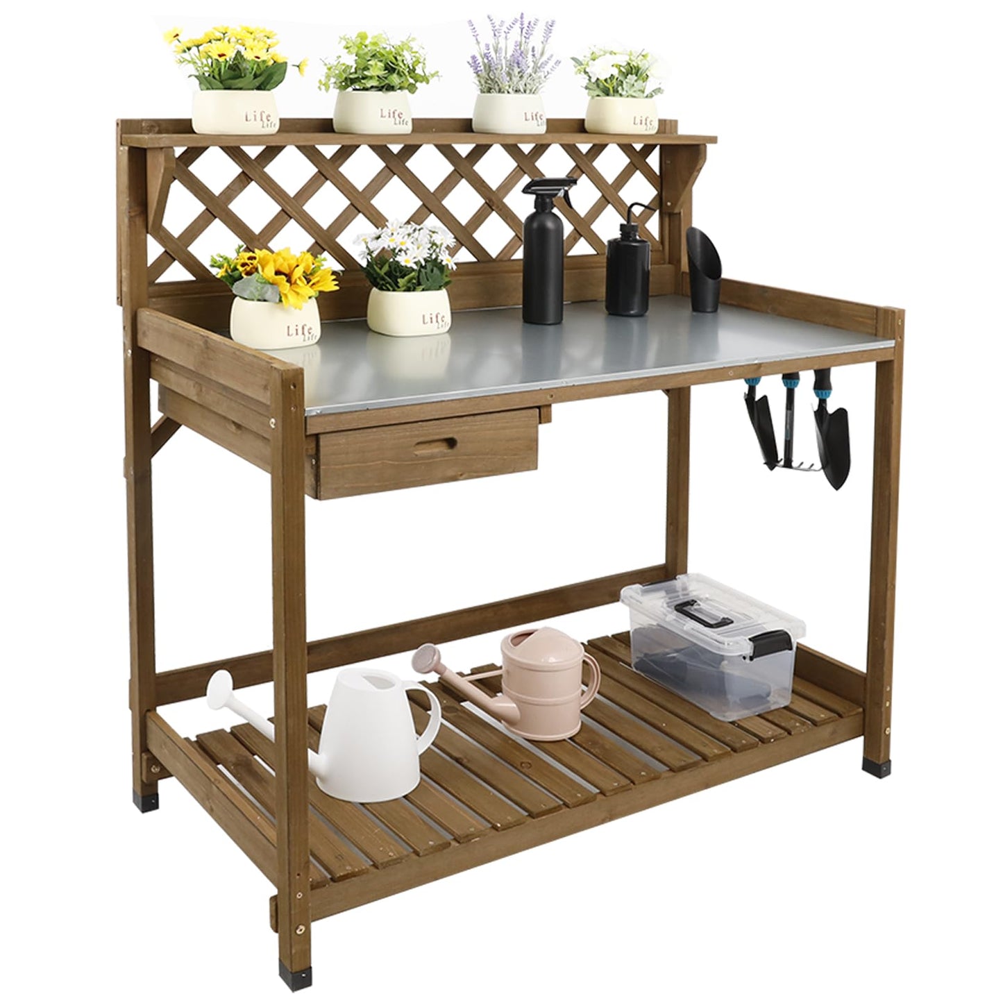 Ketive Garden Potting Bench with Metal Tabletop,Outdoor Potting Table Workstation Benches with Drawer/Storage Shelf，Fir Wood Potting Station Work Table with Open Shelf,Lattice Back(Grey)