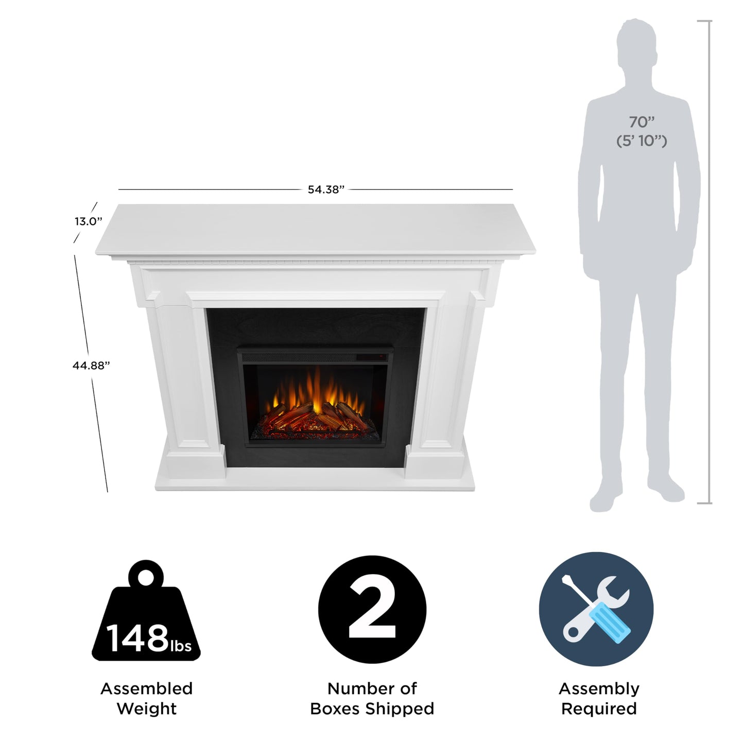 Real Flame Thayer 55” Electric Fireplace with Mantel for Living Room or Bedroom, Replaceable Fireplace Insert Heater, Realistic Log and Flame Effect, Remote Control, Timer, White