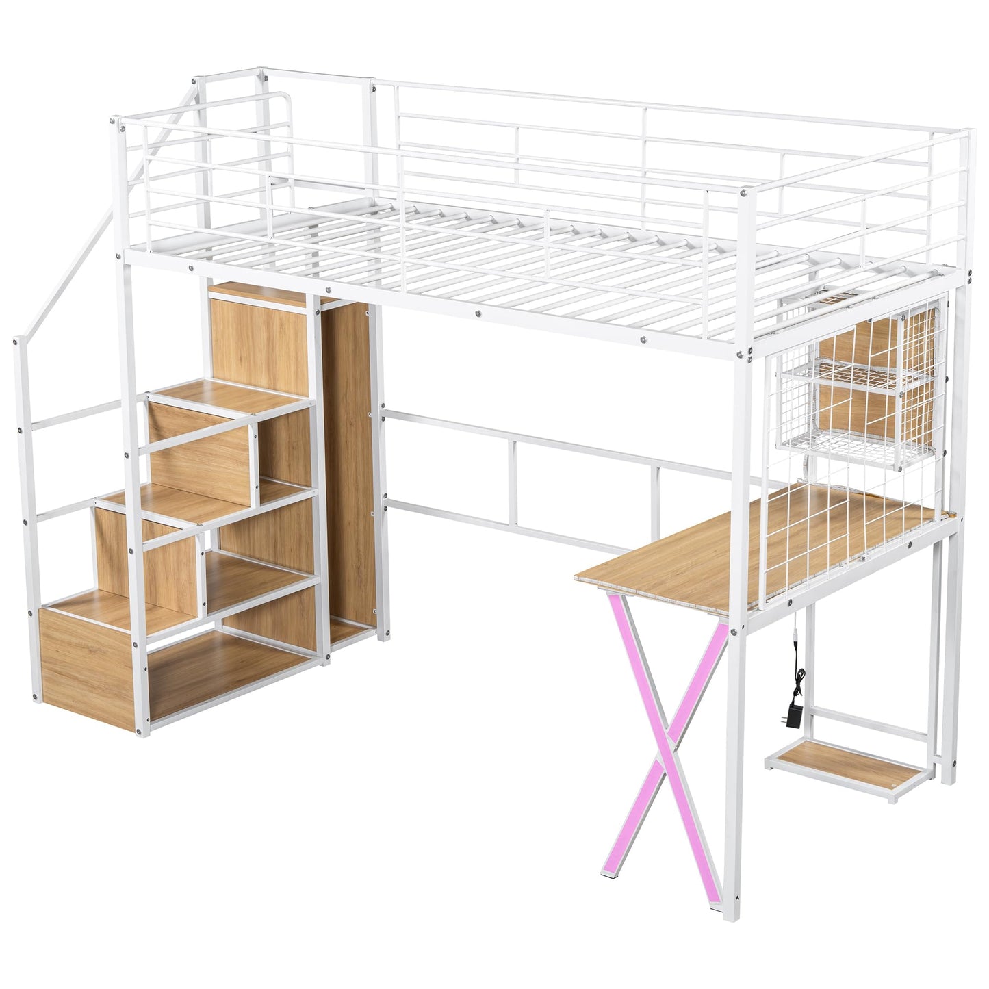 Metal Twin Size Loft Bed with Desk and Stairs,Heavy Duty Loft Bed Frame with Wardrobe and LED Lights,Loft Bed Twin Size with Storage Shelves for Kids,Teens,Adults,Space Saving,White