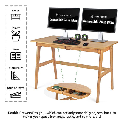 Nnewvante Writing Computer Desk 46" Bamboo Home Office Table with 2 Drawers, Modern Furniture Simple Study Makeup Workstation - WoodArtSupply