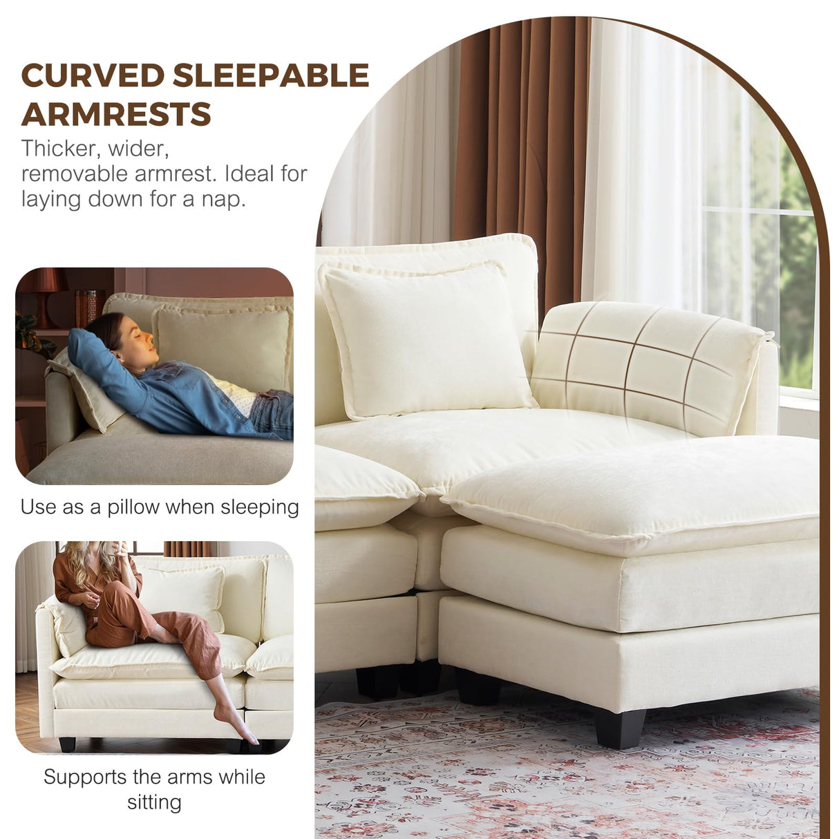 ELUCHANG 113" L Shaped Modular Sectional Sofa, Comfy Cloud Couch, Deep Seat Sofa Couches for Living Room, 4-Seater Modern Sofa with Movable Ottoman for Apartment, DIY Combination,Chenille Cream White ELUCHANG