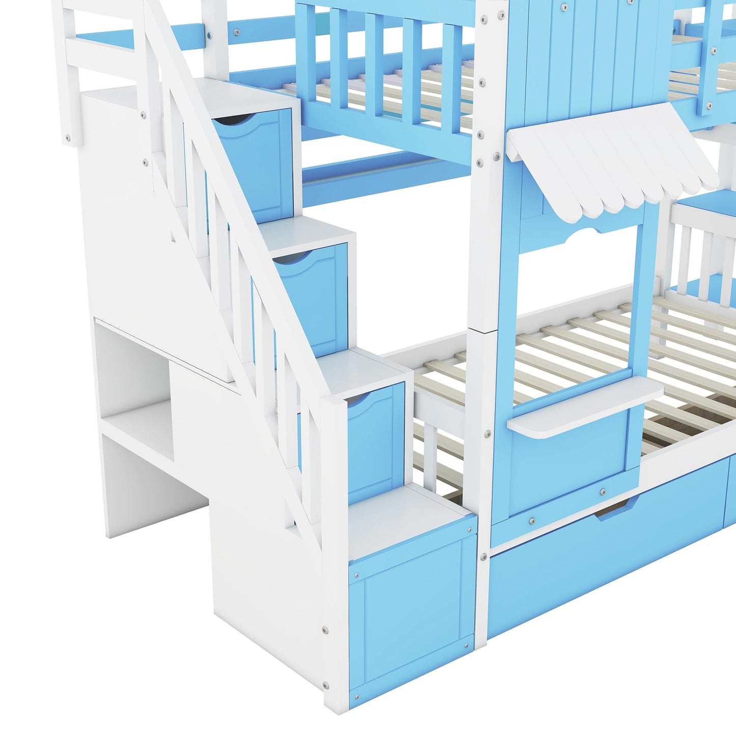 Harper & Bright Designs Twin Over Twin Bunk Bed with Stairs and Slide, Solid Wood Bunk Bed Frame with Storage Drawers and Bookshelf, for Kids Teens Girls Boys (Blue)