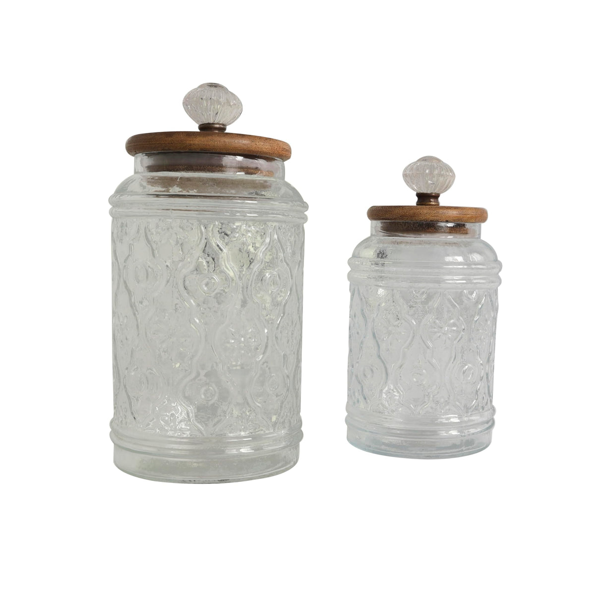 Deco 79 Glass Floral Living Room Decorative Jars Decorative Container with Brown Wooden Lids and Antique Style Knobs, Set of 2 Jar with Lid 9", 8"H, Clear Deco 79