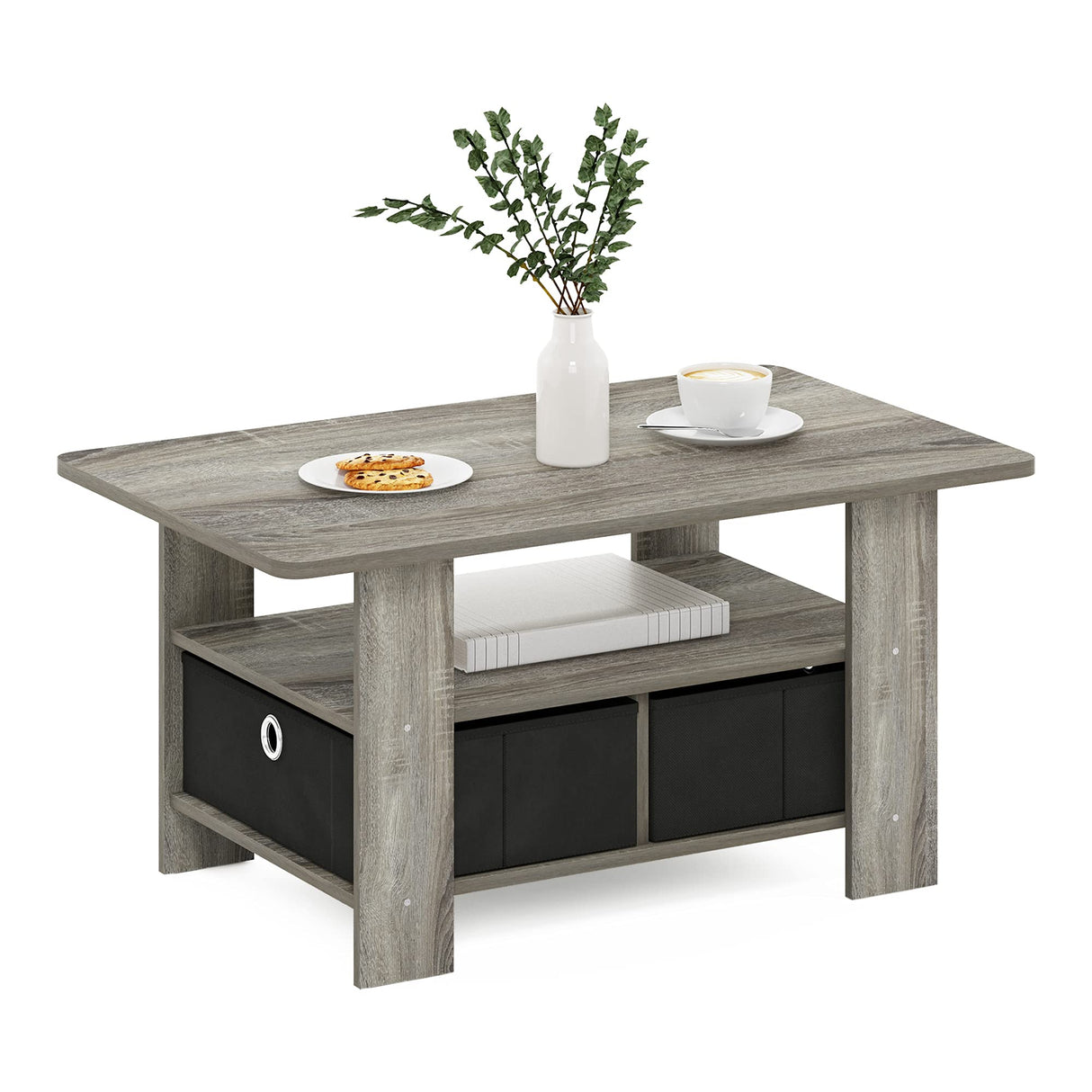 Furinno Andrey Coffee Table with Bin Drawer, French Oak Grey/Black Furinno