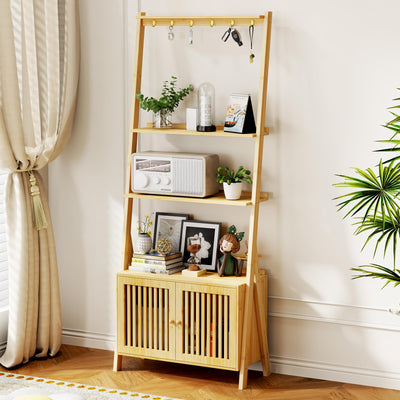 Bookcase with Drawers, 4-Tier Bamboo Bookshelf Ladder Shelf with 6 Hooks, Tall Narrow Book Shelf, 24.8"L x 10.6"W x 59.5"H, Standing Storage Organizer for Living Room, Home Office, Bedroom, Bathroom