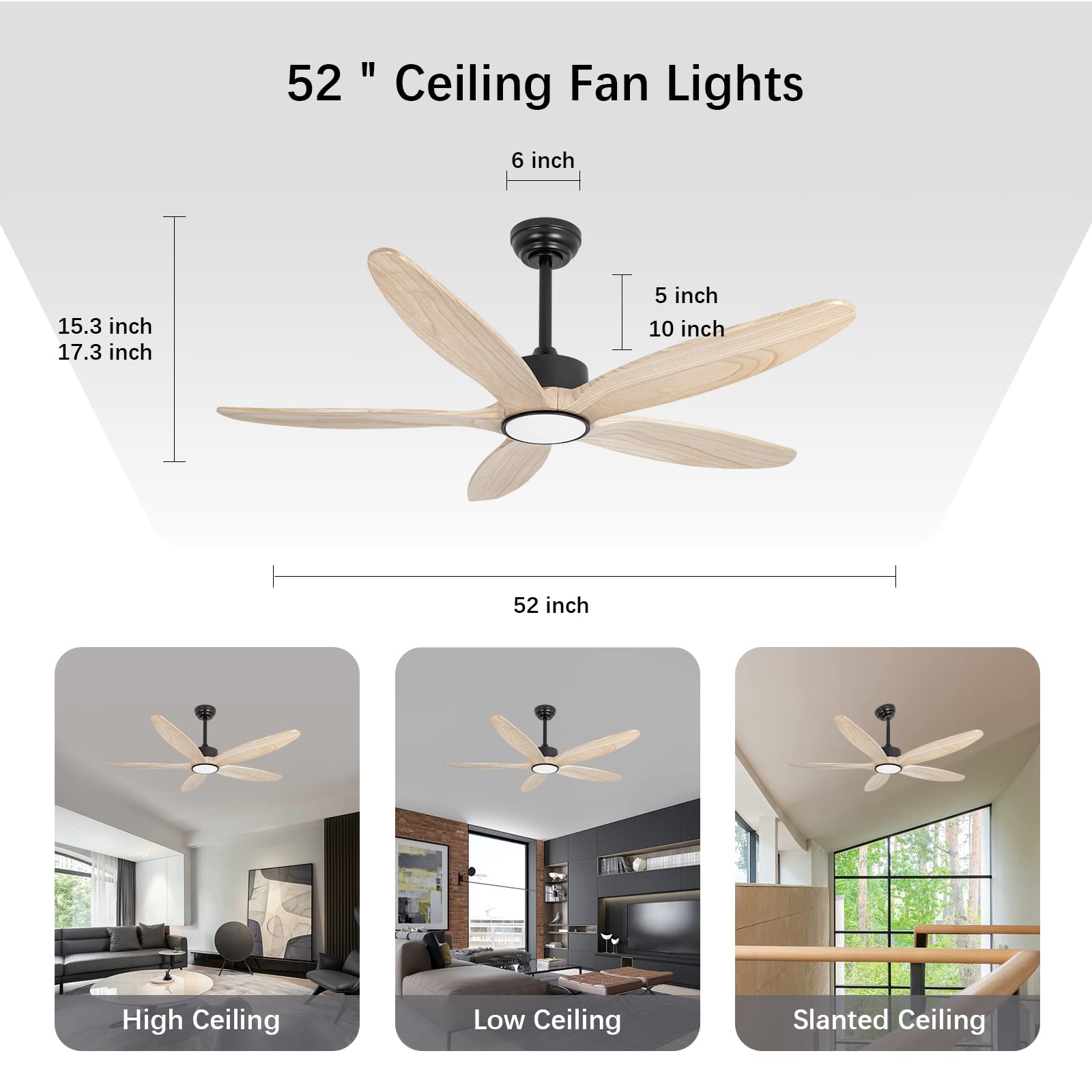 Wozzio 5 Wood Blades Ceiling Fan with Light and Remote,Quiet Reversible DC Motor,6 Wind Speed,LED Dimmable and Memory,for Bedroom/Patios/Living Room,52 inch,Natural Wood Blades - WoodArtSupply