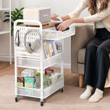 3-Tier Rolling Utility Cart with Wheels - Metal Cart with Wood Tabletop, Slide Drawer and Pegboards & Hooks, Versatile Storage Organizer Cart for Home Office Kitchen, White SNTD