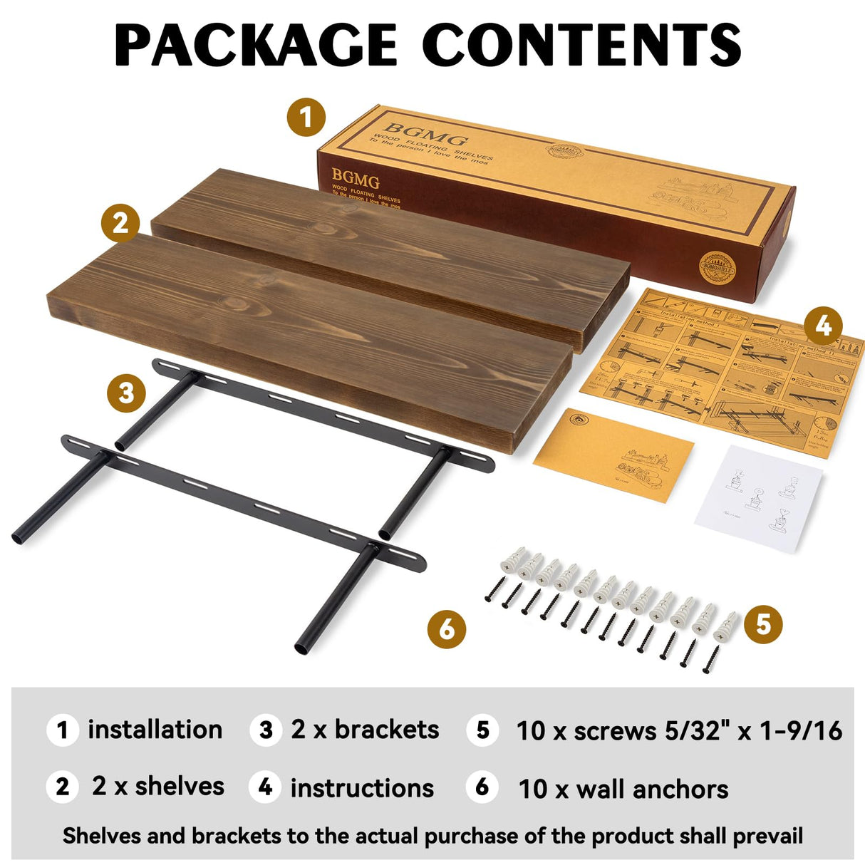 BGMG Wood Floating Shelves 24 inch, Wide Rustic Wooden Wall Shelves for Bathroom Living Room Bedroom Kitchen Farmhouse Set of 2-24x 6.7 x1.25 inch- Walnut Color BGMG