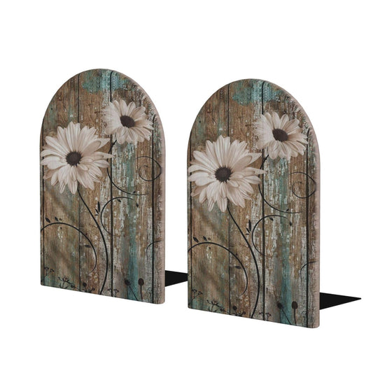 HOYYU Rustic Daisy Wooden Bookends Decorative Shabby Sunflower Book Ends for Shelves Heavy Books Holder Organizer Non-Slip Desk Book End for Kids Room Office School Kitchen Home Desktop Decor 1 Pairs