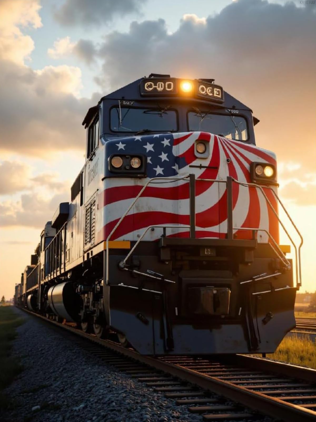 Train Locomotive Sunset Flag Rails Diamond Art Kits for Adults, Round Full Drill 5D Diamond Painting Diamond Art for Beginners, Diamonds Pictures Diamond Painting Crafts Home Wall Decor 12x16 Inch KAYEIUU