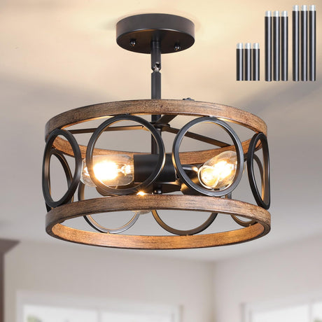 Galtlap Semi Flush Mount Ceiling Light, 3-Lights Modern Farmhouse Ceiling Lighting Fixture, Vintage Close to Ceiling Light for Kitchen Hallway Foyer Bedroom Black and Wood Grain Finish Galtlap