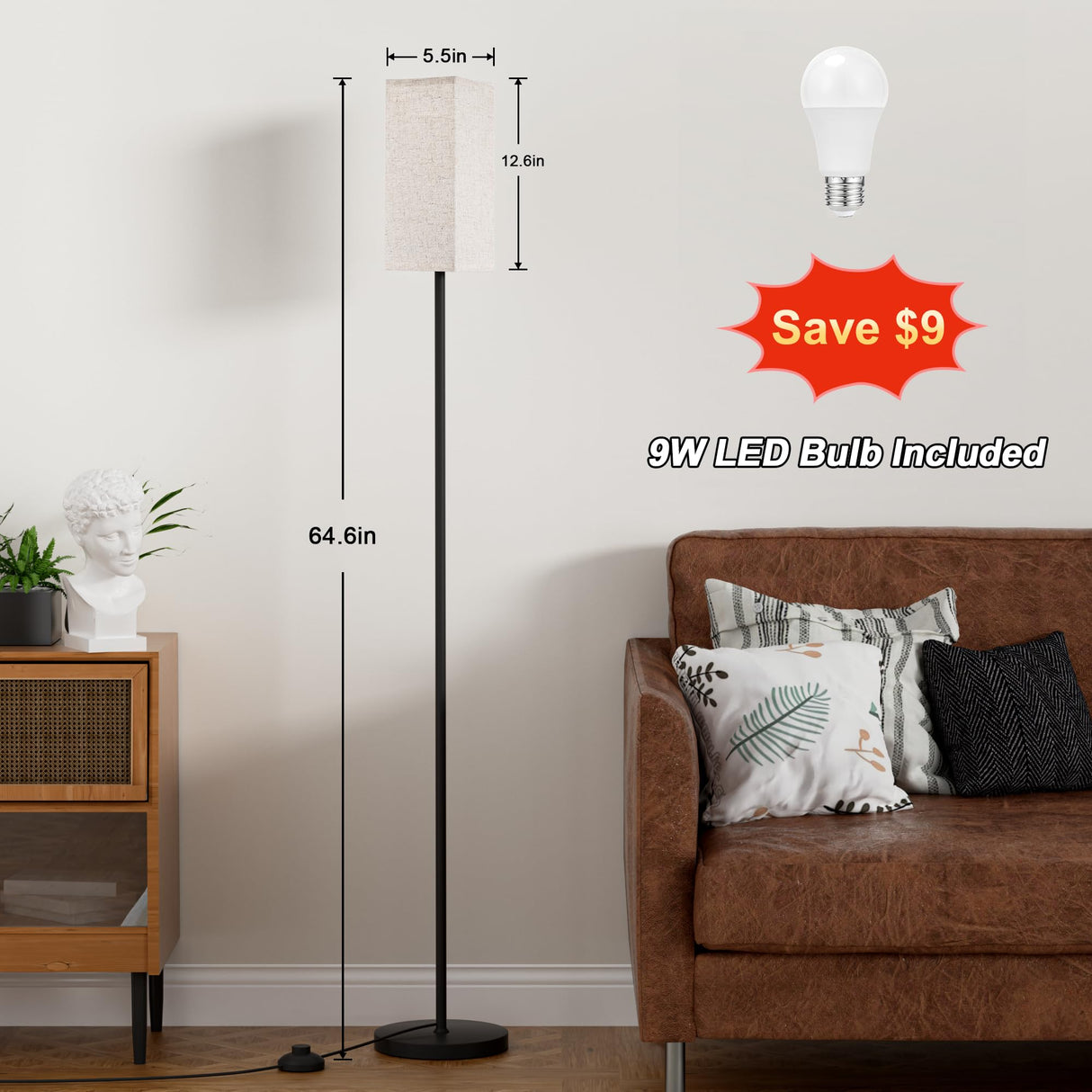Ambimall Floor Lamps for Living Room & Remote Control, 9W Stepless Dimmable Bulb, Foot Switch, 64'' Tall Standing Lamp, Beige Lampshade(Black) Ambimall