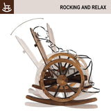 FURNDOOR 3 PCs Patio Rocking Chair Set, Outdoor Wooden Rocker Bistro Set with Coffee Table Wagon Wheel Rustic Chairs for Garden Country Yard FURNDOOR