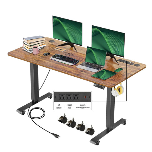 KORGOL Electric Standing Desk 63 x 24 Inches Adjustable Height Sit Stand Up Desk for Home Office Computer Workstation with 2 USB Ports 3 AC Power Outlets Memory Preset and Wheels,Brown - WoodArtSupply