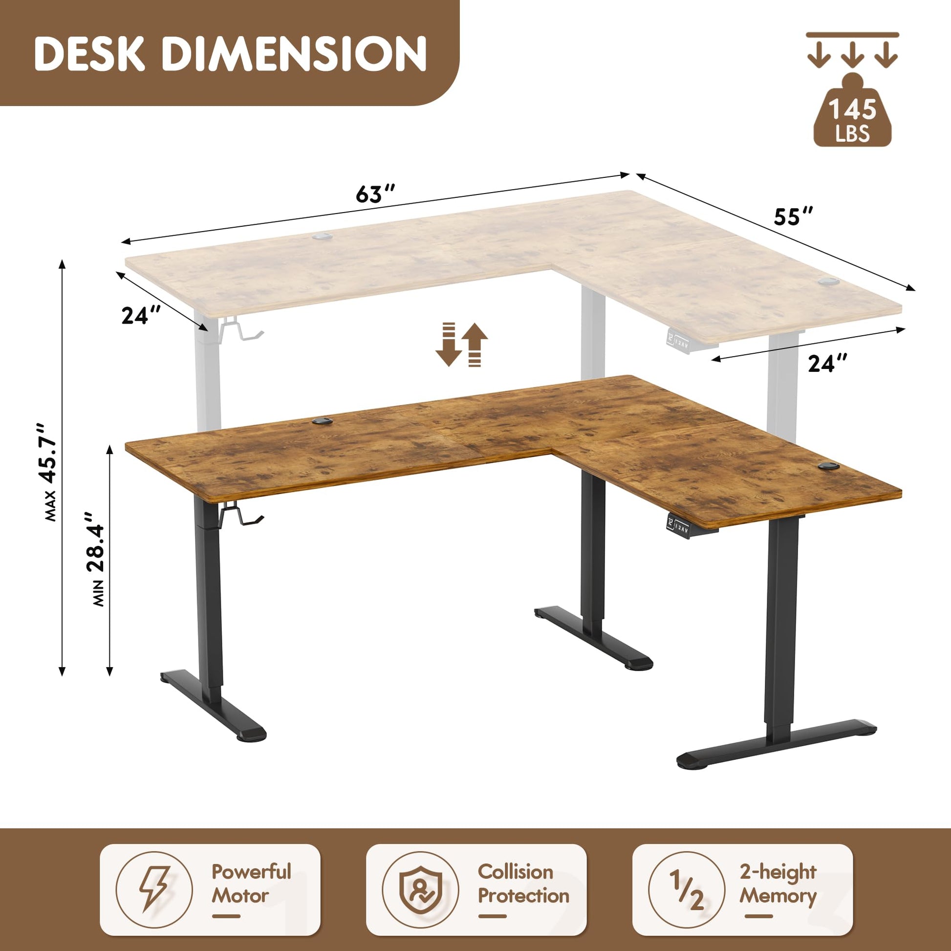 Furmax L Shaped Standing Desk Adjustable 63 x 55 Inch Corner Stand up Desk Electric Standing Computer Workstation with Preset Heights (Rustic Brown) - WoodArtSupply