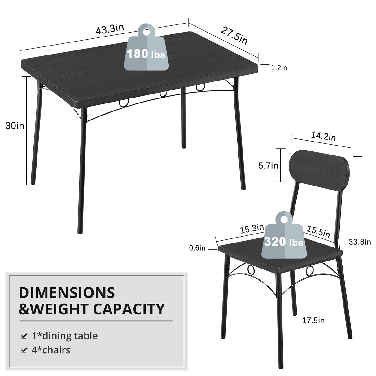 VECELO Dining Table Set for 4, 5 Piece Dinette with Chairs for Kitchen, Breakfast Nook and Small Space, Black VECELO