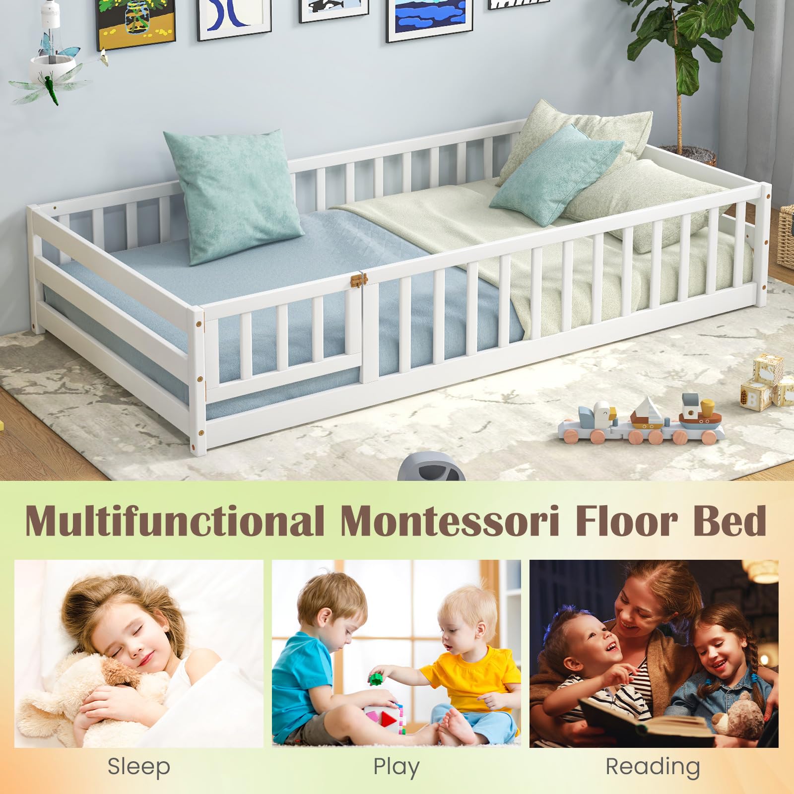 Giantex White Montessori Twin Floor Bed with Safety Guardrails and Lockable Door for Kids - WoodArtSupply