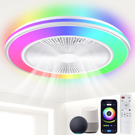 Smart WiFi&Bluetooth RGB Ceiling Fans with Lights and Remote,20"low profile ceiling fan with light,Compatible with Alexa,Google Assistant,App Control Color Changing LED,3000K-6000K,6 adjustable speed BESTECCT