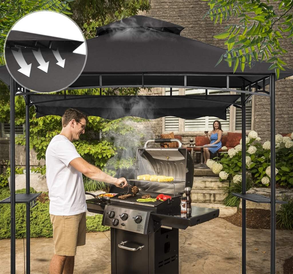 CHARMELEON Dark Grey Grill Gazebo, Double Tiered BBQ Gazebo, 5x8 Grill Canopy,Outdoor BBQ Canopy Tent with Stretchable Side Awning CHARMELEON