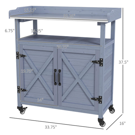 Outsunny Outdoor Wooden Potting Bench Table, Garden Workstation with Storage Cabinet, Aluminum Table Top, Rubber Wheels for Backyard, Patio, Balcony, Gray Outsunny