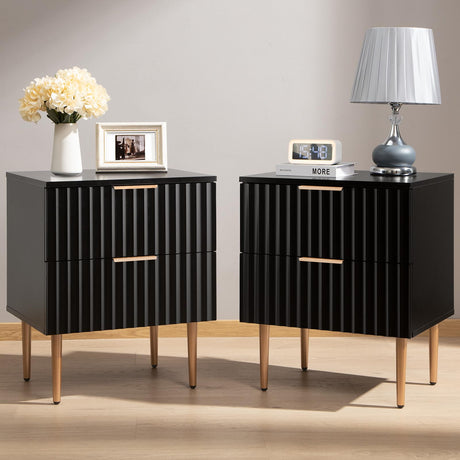 SICOTAS Black Night Stand Set 2, Wide Fluted Nightstand with 2 Drawers, Modern Glossy Storage Bedside Table for Bedroom, End Side Table with Golden Metal Legs and Handles SICOTAS