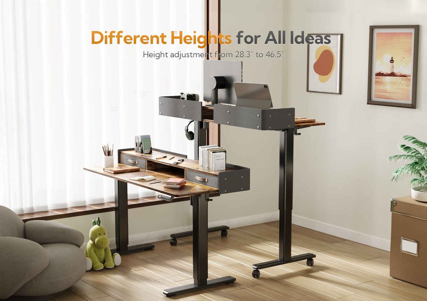 Claiks Standing Desk with Drawers, Adjustable Stand Up Electric Standing Desk Adjustable Height, Sit Stand Desk with Storage Shelf and Splice Board, 63 Inch, Rustic Brown - WoodArtSupply