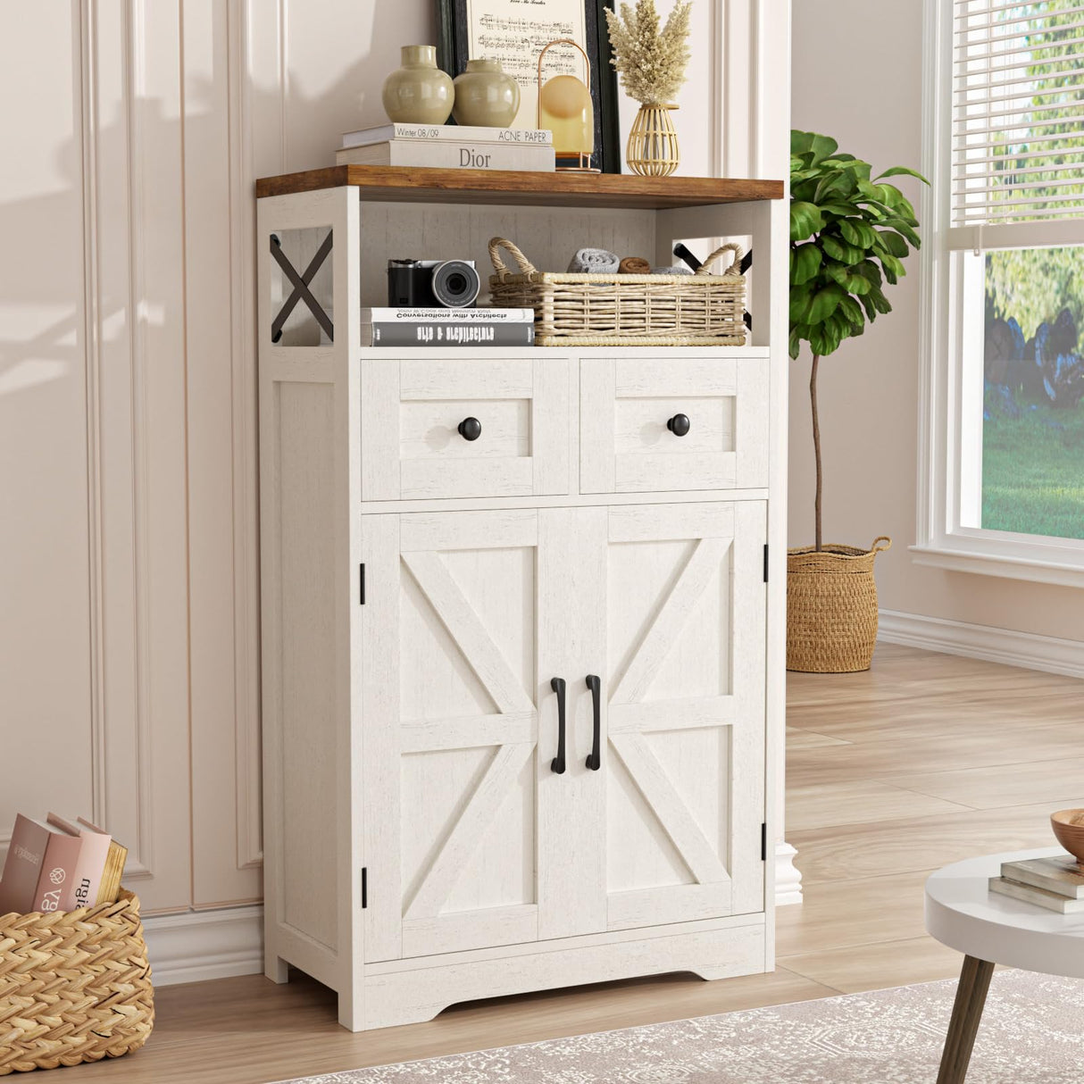 Farmhouse Storage Cabinet with Barn Doors and Shelves, Farmhouse Kitchen Pantry Storage Cabinet, Small Tall Coffee Bar Cabinet with Storage, Hutch Cupboard for Kitchen, Laundry, Living Room,White FiveWillowise