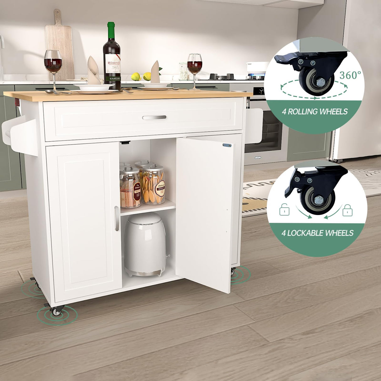Portable Kitchen Cart with Storage, Rolling Kitchen Island on Wheels with Drop Leaf, Tower Rack, Spice Rack, Cabinet, Drawer, 46.65 x 27.56 x 36 inches, White Samesay