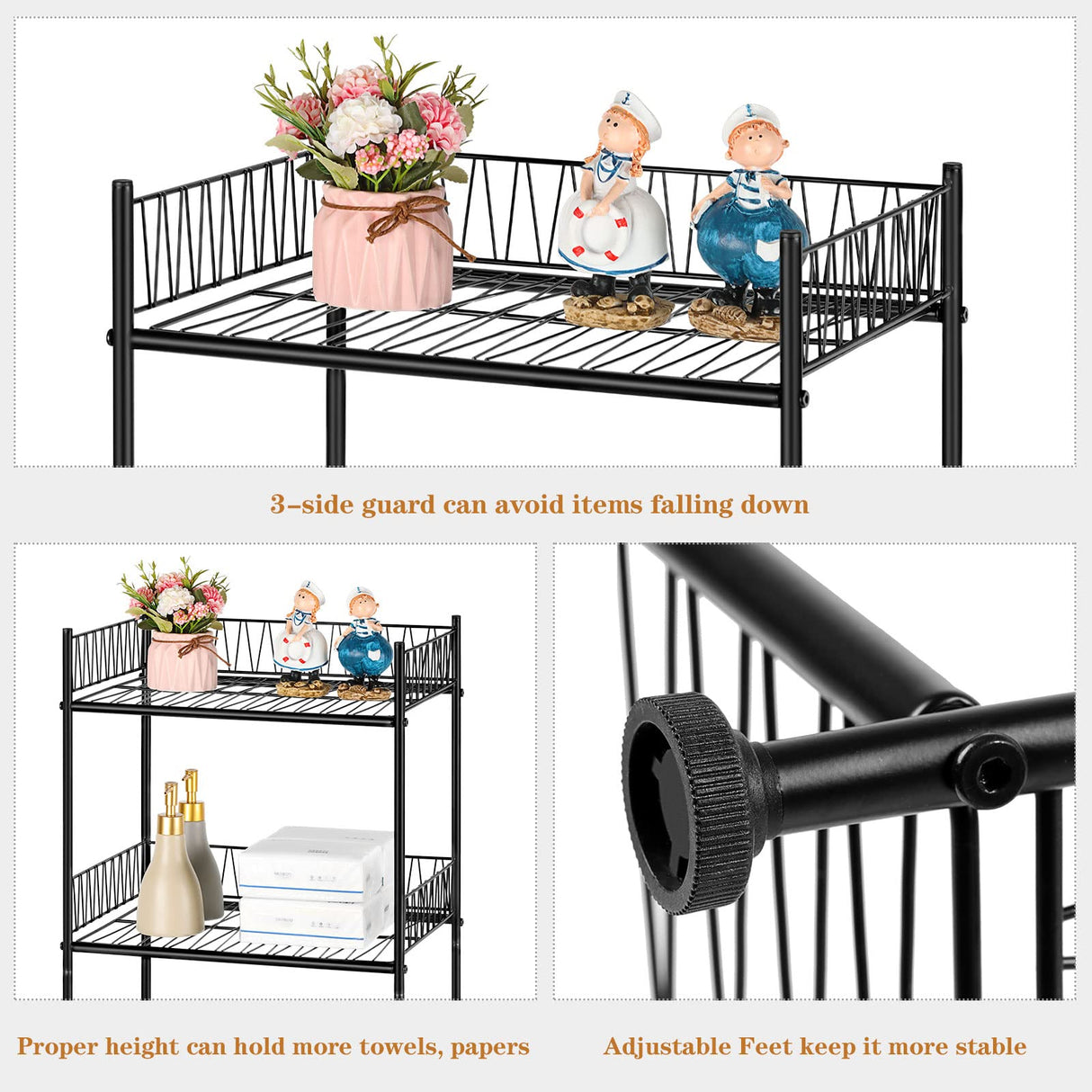 OYEAL Bathroom Shelves Freestanding Bathroom Towel Storage 4 Tier Wire Shelving Unit with Guard Bathroom Shelf Organizer Standing for Pantry Kitchen Laundry Room Organization, Black OYEAL