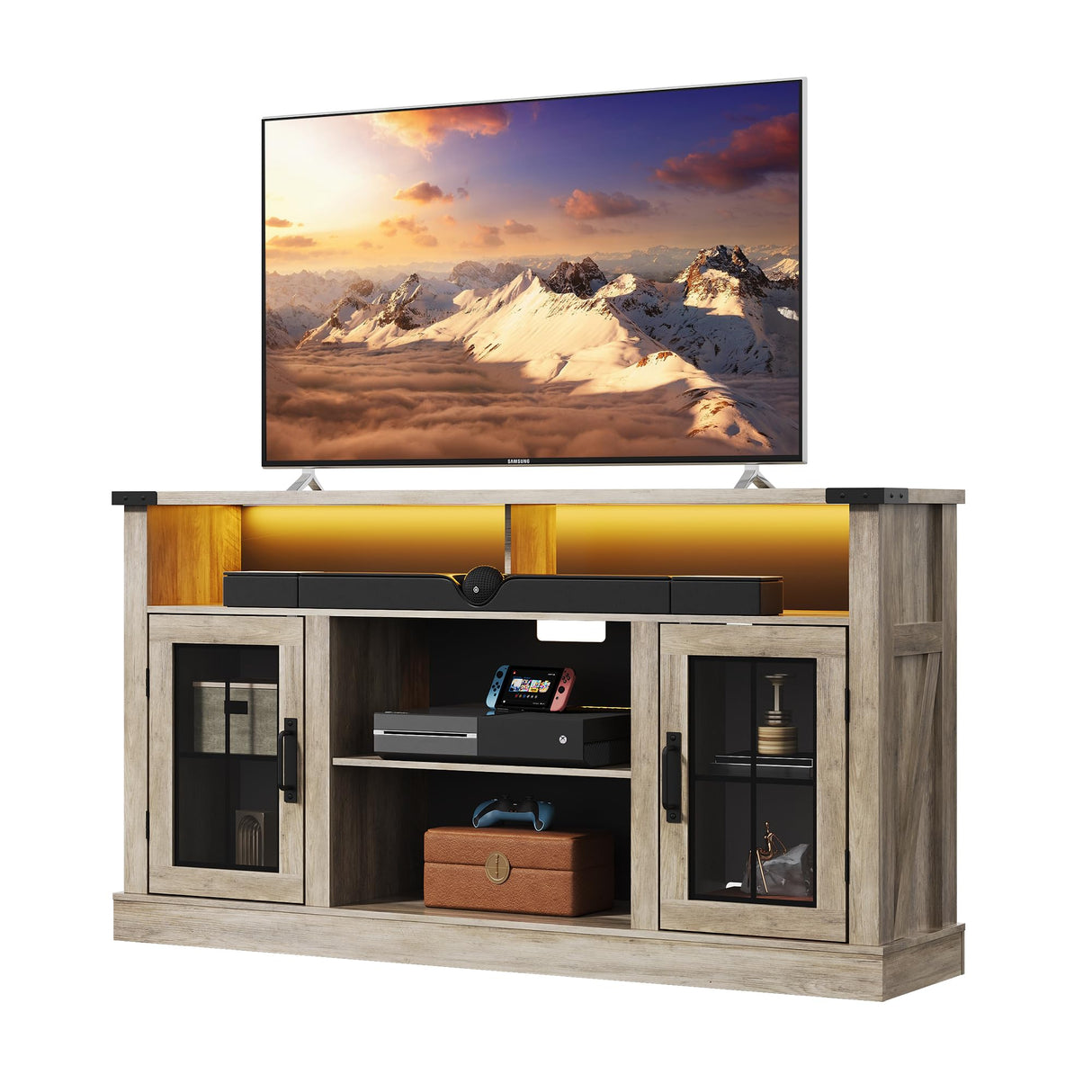 WLIVE Farmhouse TV Stand for 65 Inch TV, Tall Entertainment Center with LED Lights, Mid Century Modern TV Console wirh Open Shelves and Glass Cabinet Doors for Living Room and Bedroom, Gray Oak WLIVE