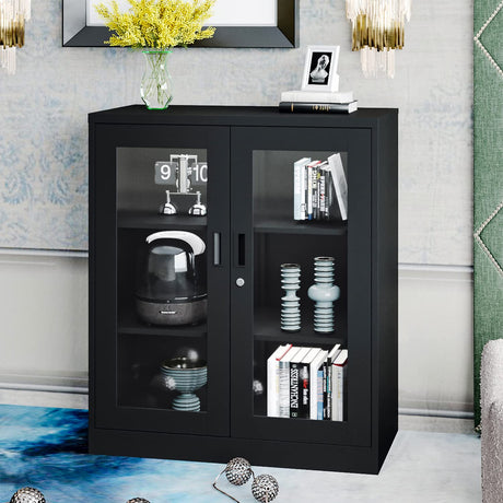 Yizosh Metal Storage Cabinet with Glass Doors - 35.4" Locking Display Cabinet with 2 Adjustable Shelves, 3-Tier Steel Cabinet Locker for Home Office, Living Room, Bedroom (Black) Yizosh
