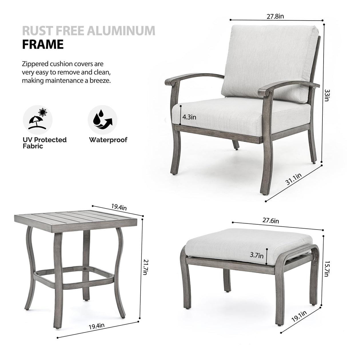 HAPPATIO 5 Piece Aluminum Outdoor Patio Furniture Set, Patio Chairs with Ottomans and Side Table, Balcony Furniture, Patio Conversation Set for Porch Garden (Gray) HAPPATIO