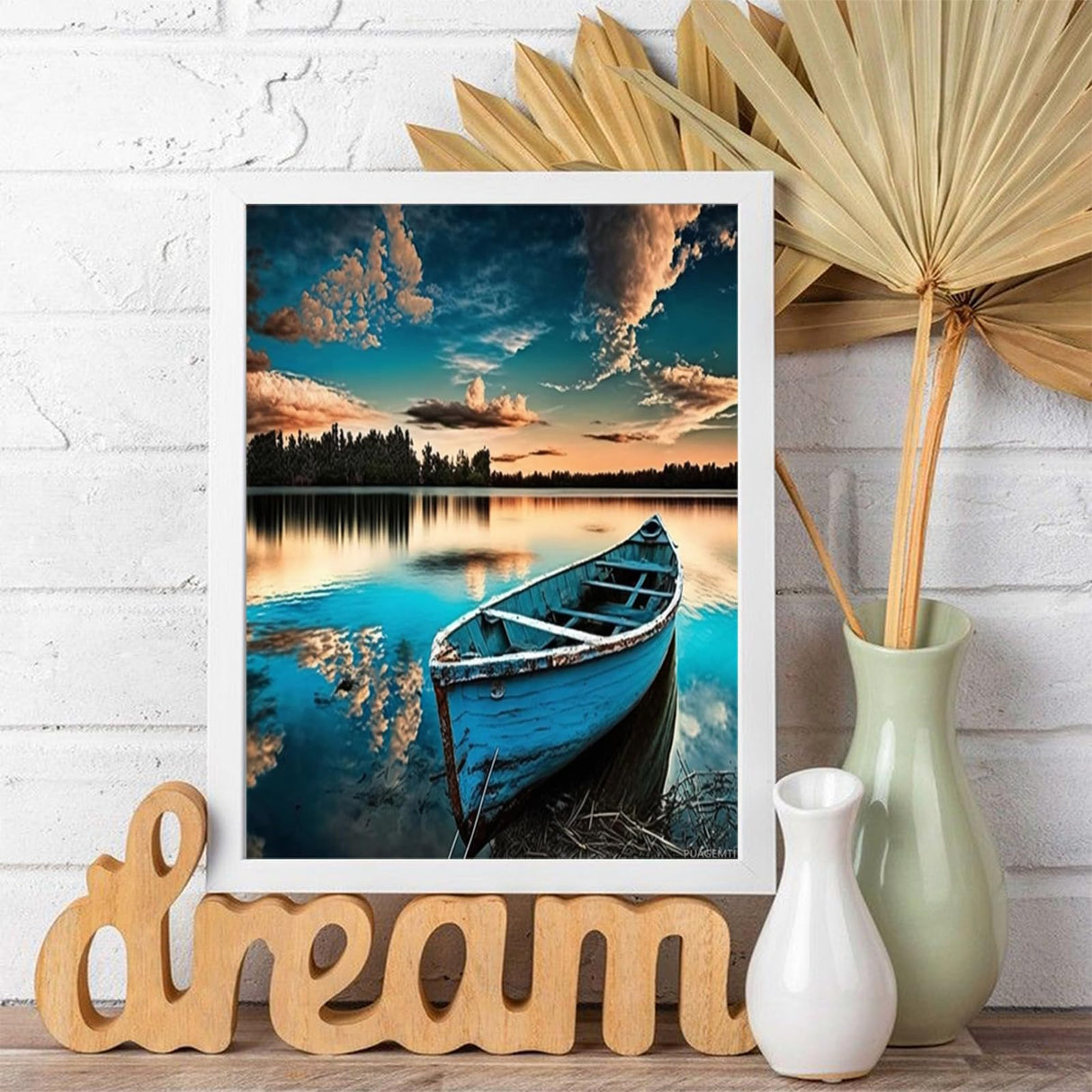 PUAGEMTI Sunset Lake Boat Diamond Painting Landscape Diamond Art Kits, Full Circle Gemstone Fine Rhinestone Art Kit for Beginners, for Room Decor (12x16 Inch) PUAGEMTI