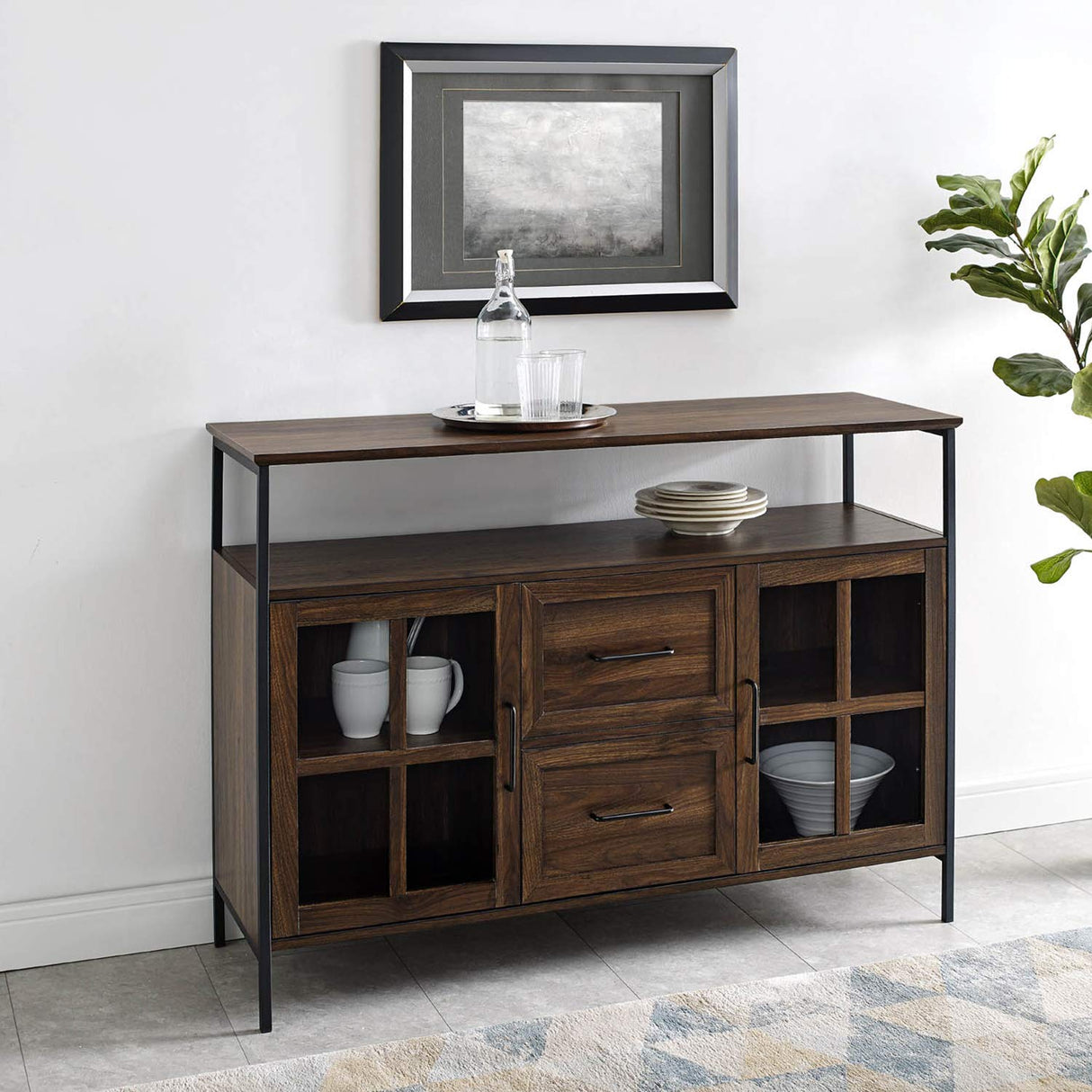 Walker Edison Furniture AZU48RAD3DDW Industrial 3-Door Buffet Sideboard for Kitchen-Dining Room, 48, Dark Walnut Walker Edison