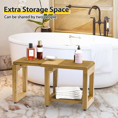 Adjustable Shower Benches for Inside Shower Length 26.4'', Acacia Wood Shower Bench Waterproof, 440lbs Bathroom Bench with Storage for Shaving Legs Spa Sauna, Shower Chair for Adults Seniors Elderly WXCOPON