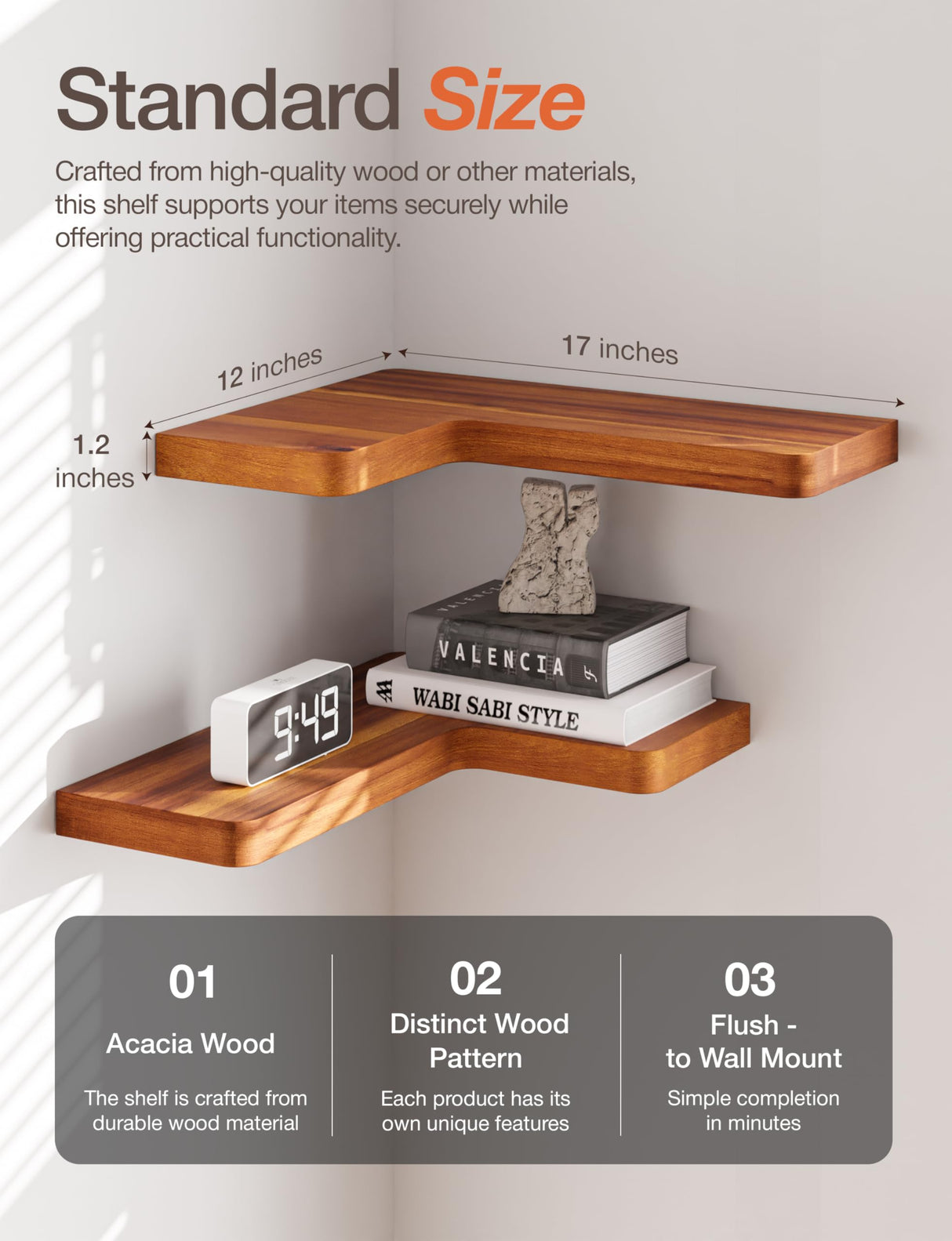 BATODA Acacia Wood Corner Floating Shelves 17" x 12"– Corner Shelf Wall Mounted - Floating Corner Shelves for Wall - Brackets and Shelving Hardware Included for Kitchen, Living Room, Bathroom (Set 2) BATODA