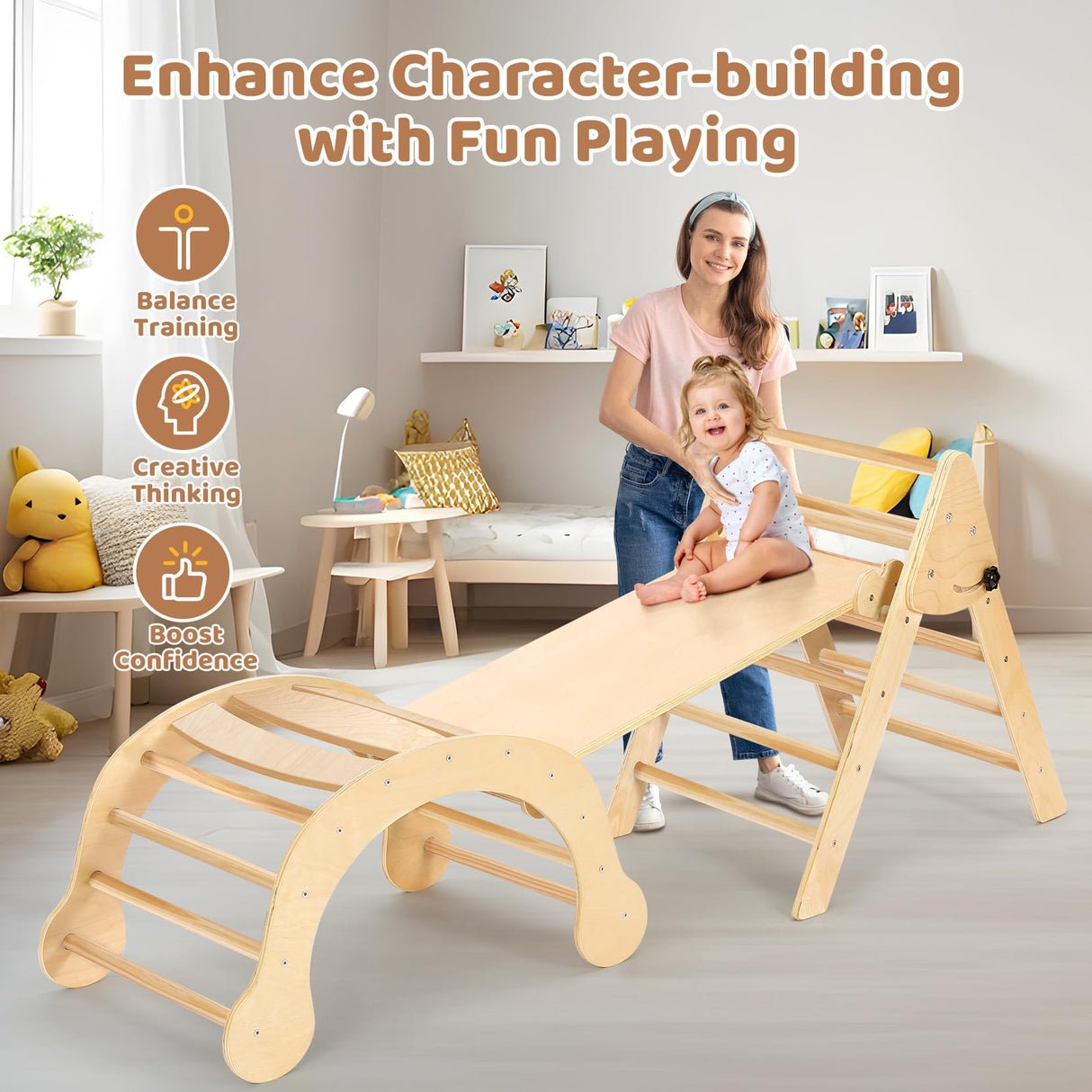 YOLEO Pikler Triangle Set, Foldable 7-in-1 Montessori Climbing Set Fun Baby Pickler-3 Piece Climbing Jungle Gym and Indoor Playground Climbing Toys for Toddlers 1-3 Inside (Natural, Standard Version) YOLEO