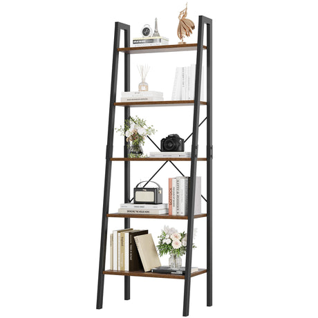 FINETONES 5-Tier Ladder Shelf, Ladder Bookshelf Bookcase with Metal Frame, Plant Rack Display Shelf Accent Furniture for Home Office, Black/Rustic Brown FINETONES