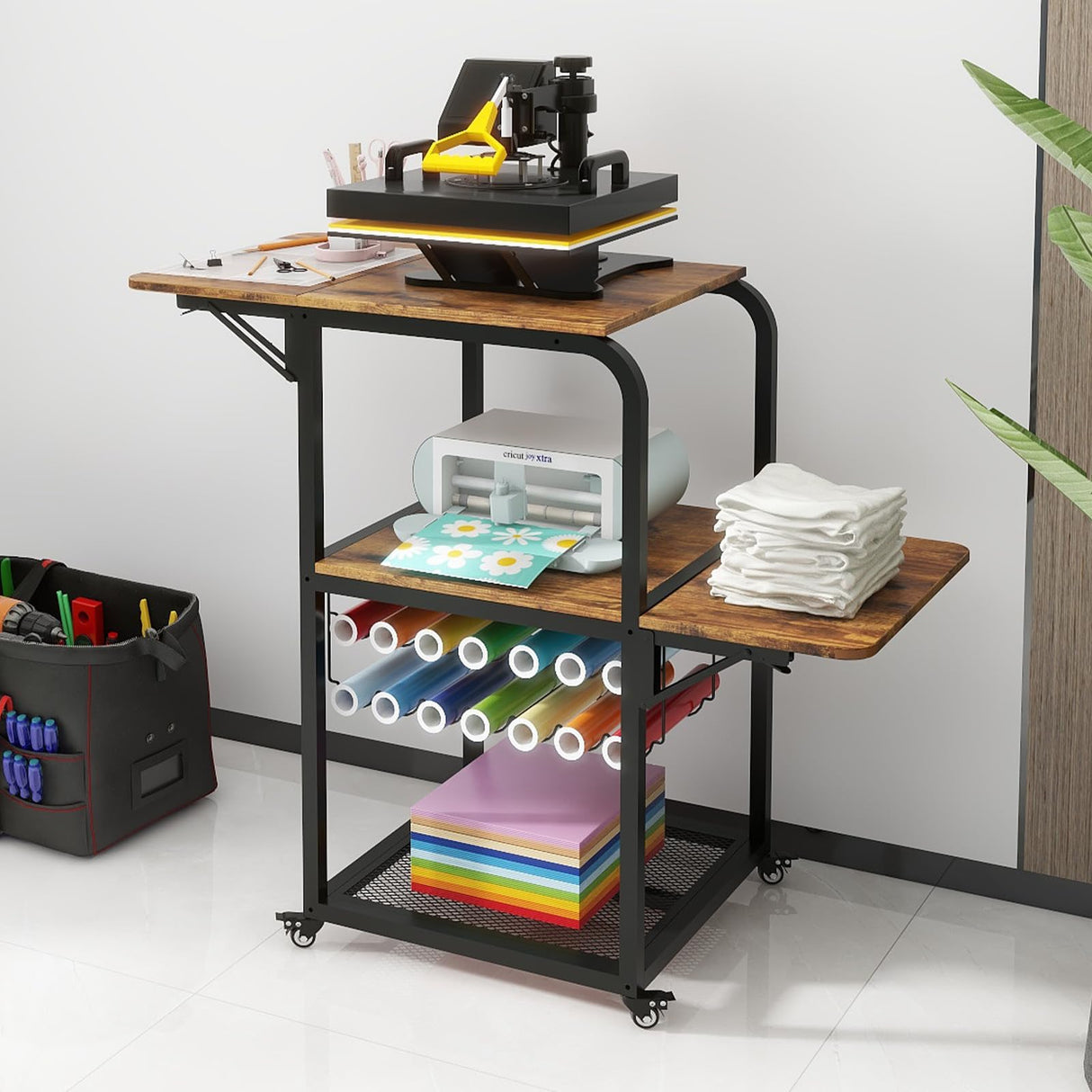 PUNCIA Movable Heat Press Table with Vinyl Roll Holder Table for Heat Press with Folding Shelf DIY Sublimation Transfer Machine Workbench with Storage Rolling Craft Table Heat Press Cart with Wheels PUNCIA