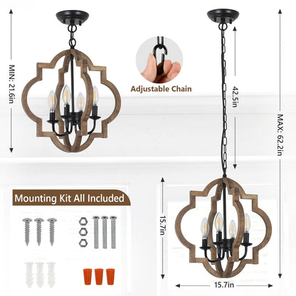 Farmhouse Chandelier Light Fixtures, 4-Light Dining Room Light Fixtures Over Table, Solid Wood Chandeliers for Dining Room, 15.7“ Brown Rustic Chandeliers for Living Room Kitchen Island Bedro - WoodArtSupply