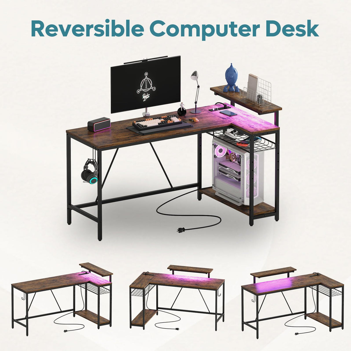 Bestier 58 L Shaped Desk with Power Outlets,Home Office Corner Desk with Reversible Shelves & LED Lights - Modern Simple Writing Study Desk for Small Space,Rustic Brown Bestier