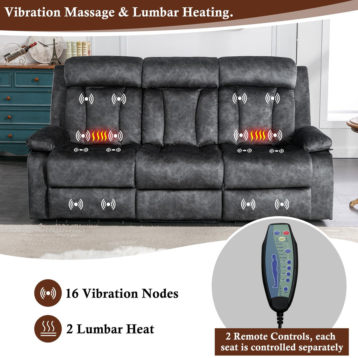 GUEAPY 3 Seater Power Reclining Sofa with Heat & Massage, Drop Down Table with Cup Holders, USB & Type-C Ports, Dutch Velvet Recliner Couch for Living Room, Home Theater & RV, Independent Controls GUEAPY