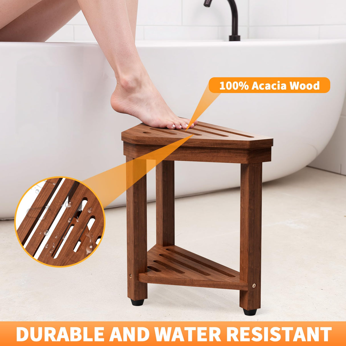 Shower Foot Rest 15 in, Acacia Shower Stool for Shaving Legs,Corner Bath Shower Bench with Starage Shelf for Inside Small Shower Spaces MISSEND