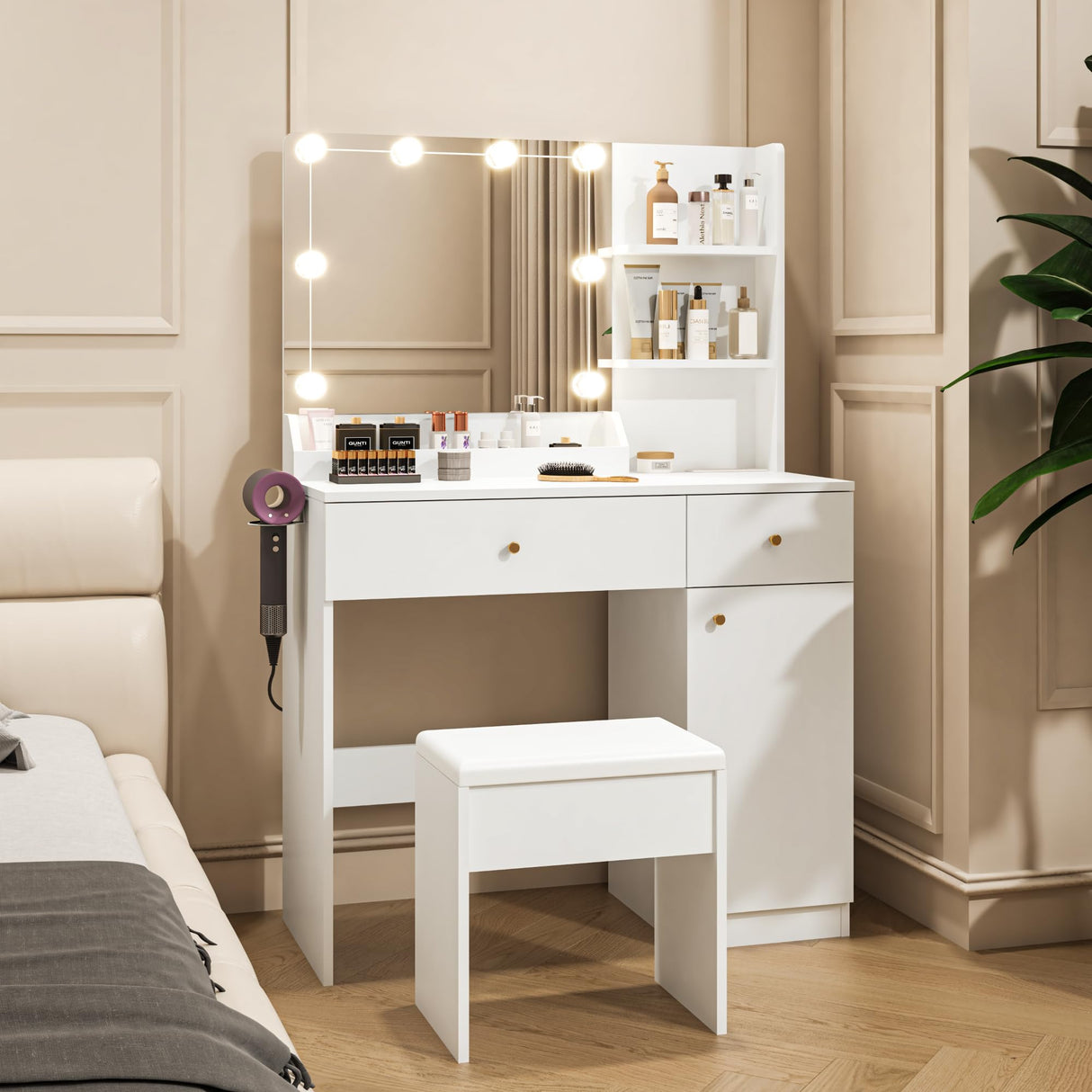 Yegosh Vanity Desk with Mirror and Lights Dimmable LED Makeup Vanity Table with Drawers Side Cabinet 3 Storage Shelves Power Outlet Dressing Table Set include Holder Cushioned Stool for Bedroom(white) Yegosh